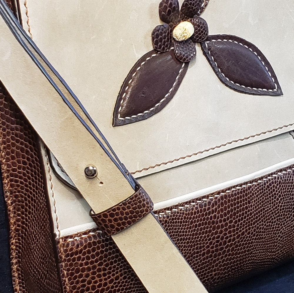Leather handbag handmade handstitched   colr: sand and brown
